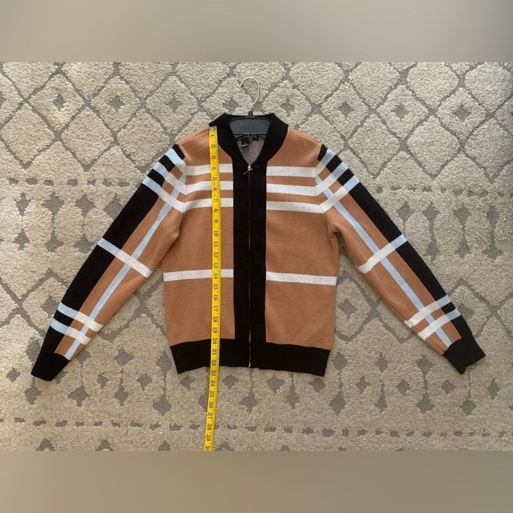 Striped Tan and Black Zip-Up Women’s Sweater - Picture 6 of 6